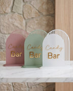 Aufsteller "Candy Bar" aus Acryl im Bogen-Design | Schild mit 3D-Schrift für Hochzeit & Event