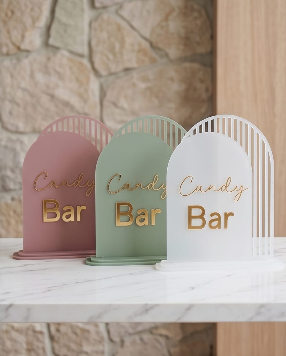 Aufsteller "Candy Bar" aus Acryl im Bogen-Design | Schild mit 3D-Schrift für Hochzeit & Event