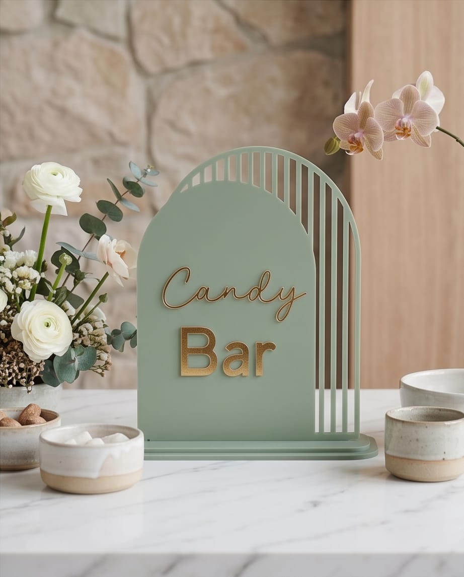 Aufsteller "Candy Bar" aus Acryl im Bogen-Design | Schild mit 3D-Schrift für Hochzeit & Event