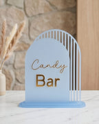 Aufsteller "Candy Bar" aus Acryl im Bogen-Design | Schild mit 3D-Schrift für Hochzeit & Event