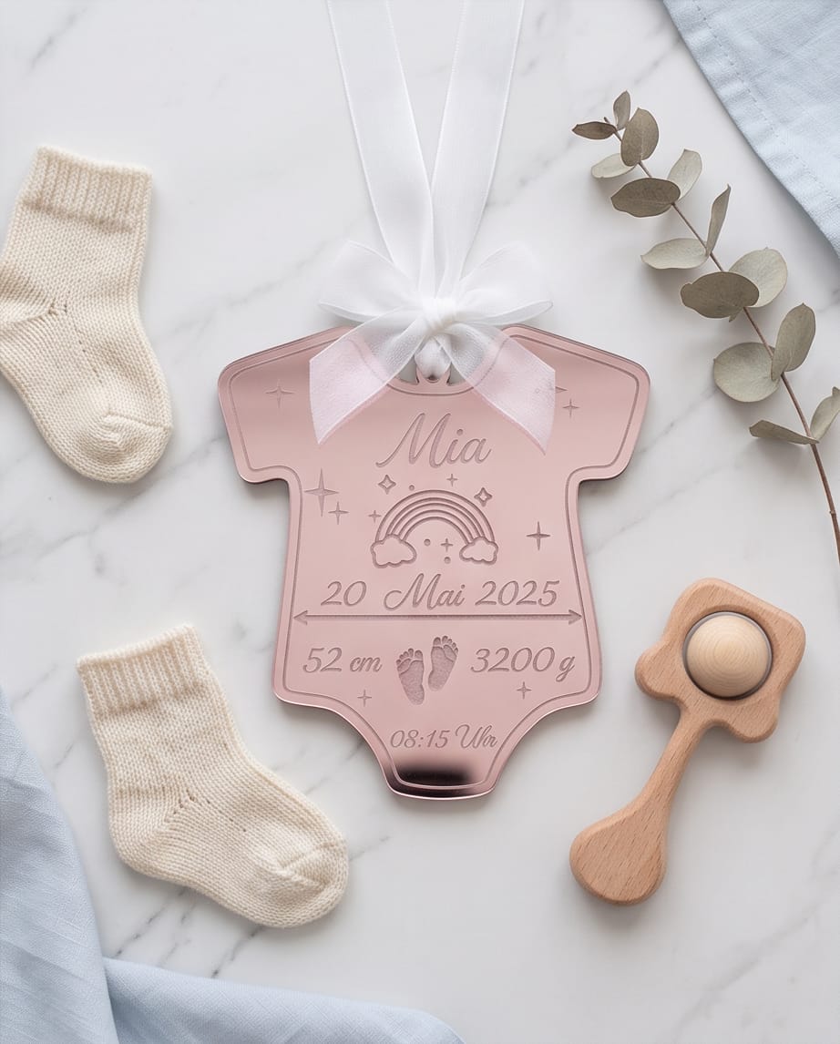 Personalisiertes Geburtsdatenschild "Baby-Body" | Anhänger zur Geburt & Taufe aus Holz oder Spiegel-Acryl