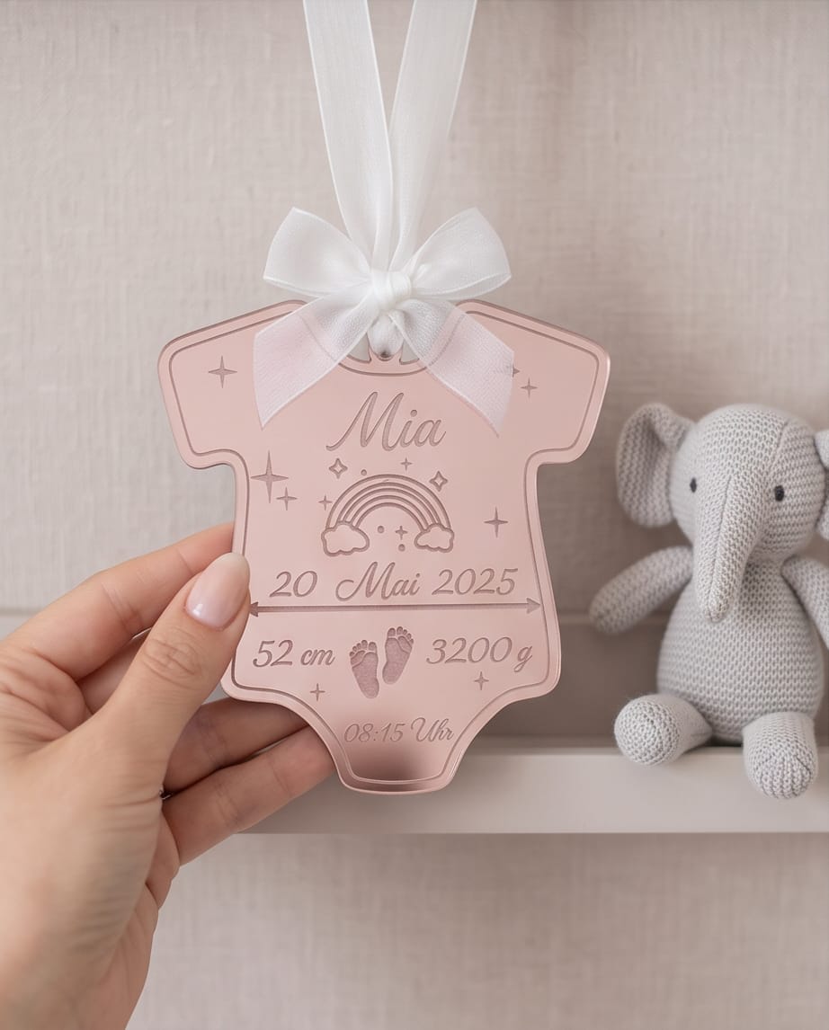Personalisiertes Geburtsdatenschild "Baby-Body" | Anhänger zur Geburt & Taufe aus Holz oder Spiegel-Acryl