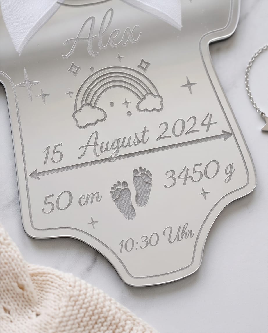 Personalisiertes Geburtsdatenschild "Baby-Body" | Anhänger zur Geburt & Taufe aus Holz oder Spiegel-Acryl