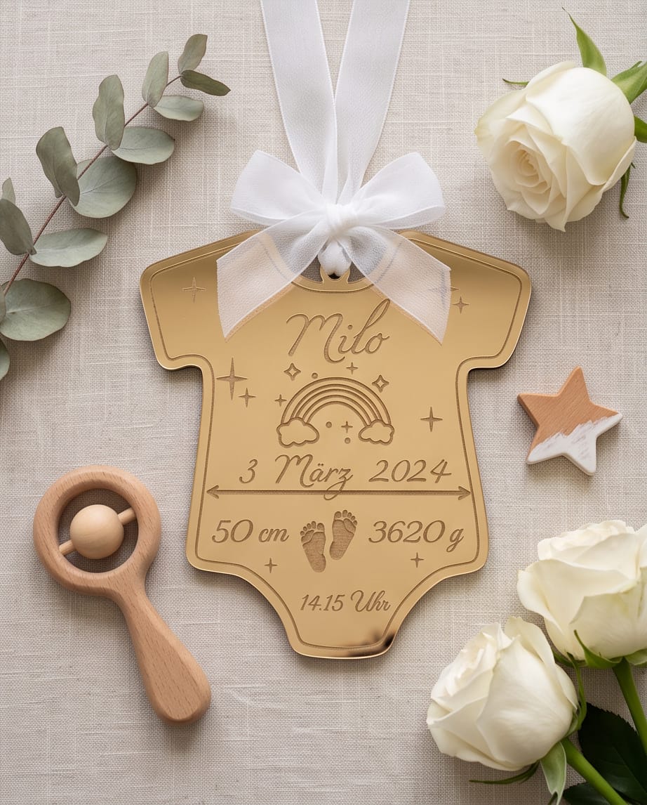 Personalisiertes Geburtsdatenschild "Baby-Body" | Anhänger zur Geburt & Taufe aus Holz oder Spiegel-Acryl
