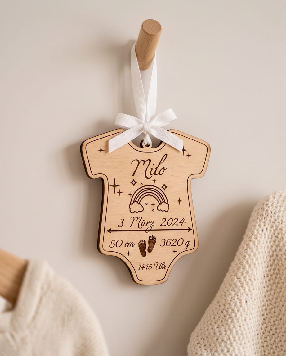 Personalisiertes Geburtsdatenschild "Baby-Body" | Anhänger zur Geburt & Taufe aus Holz oder Spiegel-Acryl