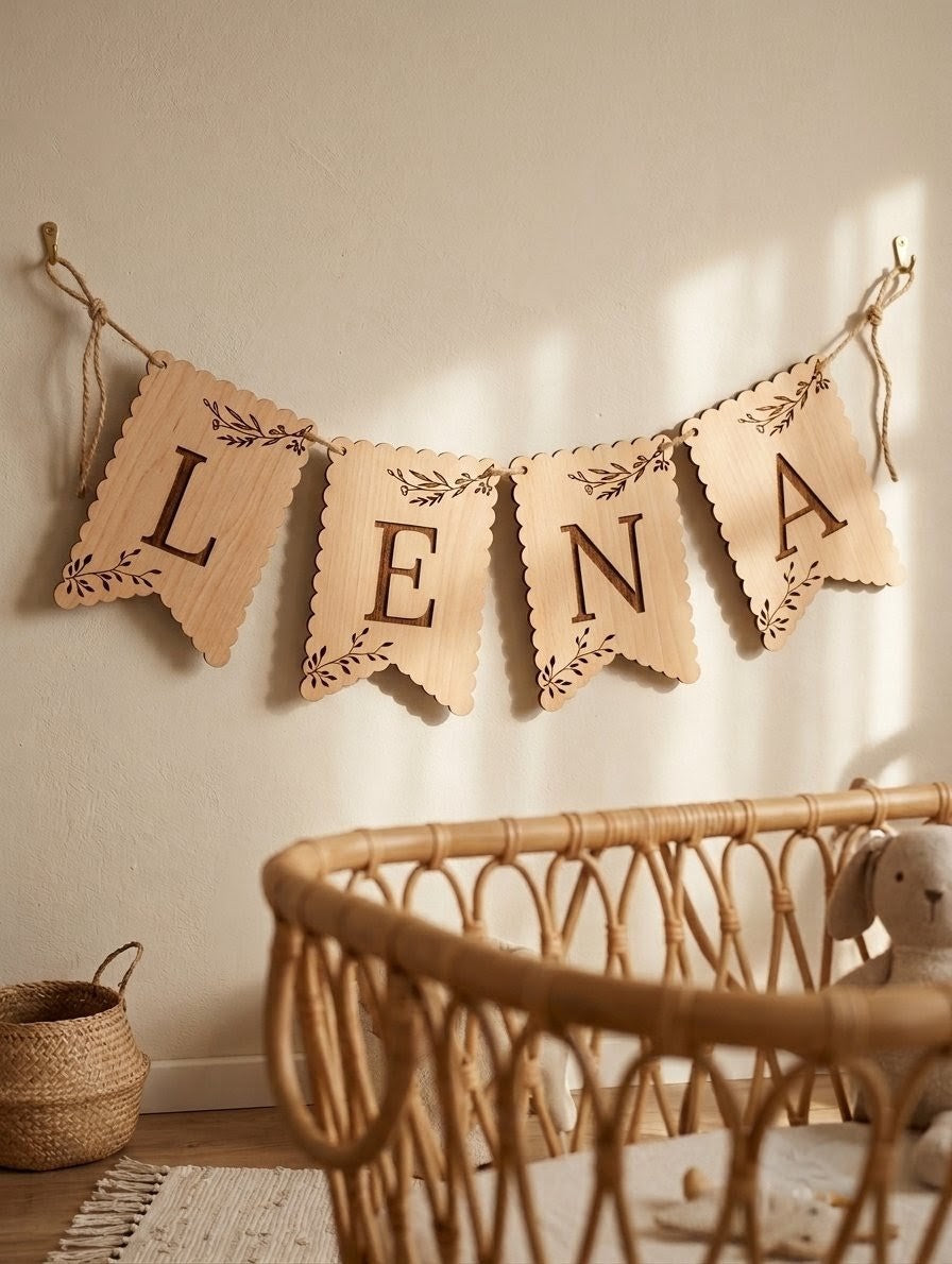 Personalisierte Wimpelkette aus Holz | Individuelle Buchstaben-Wimpel für Kinderzimmer & Deko