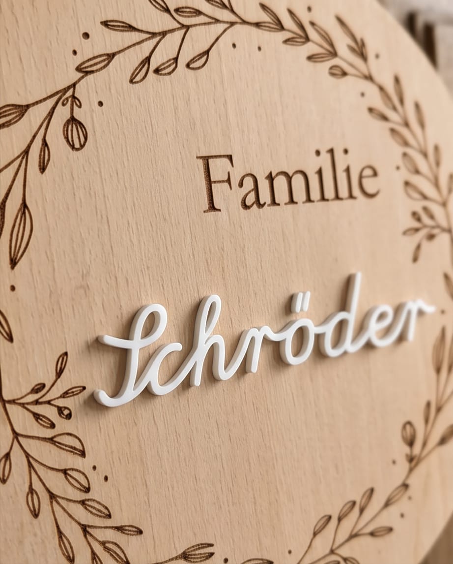 Personalisiertes Türschild "Familie" aus Birkenholz mit Blätterkranz | Namensschild