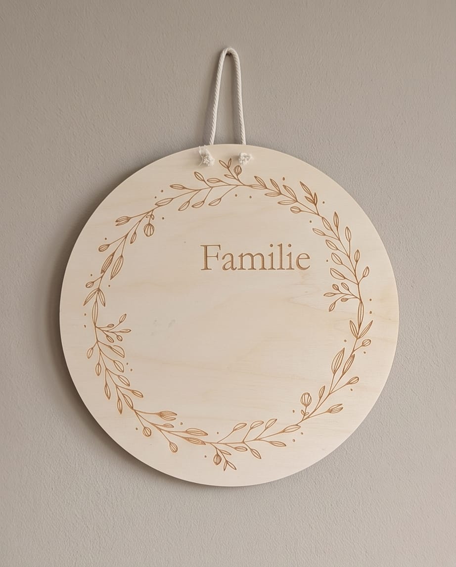 Personalisiertes Türschild "Familie" aus Birkenholz mit Blätterkranz | Namensschild