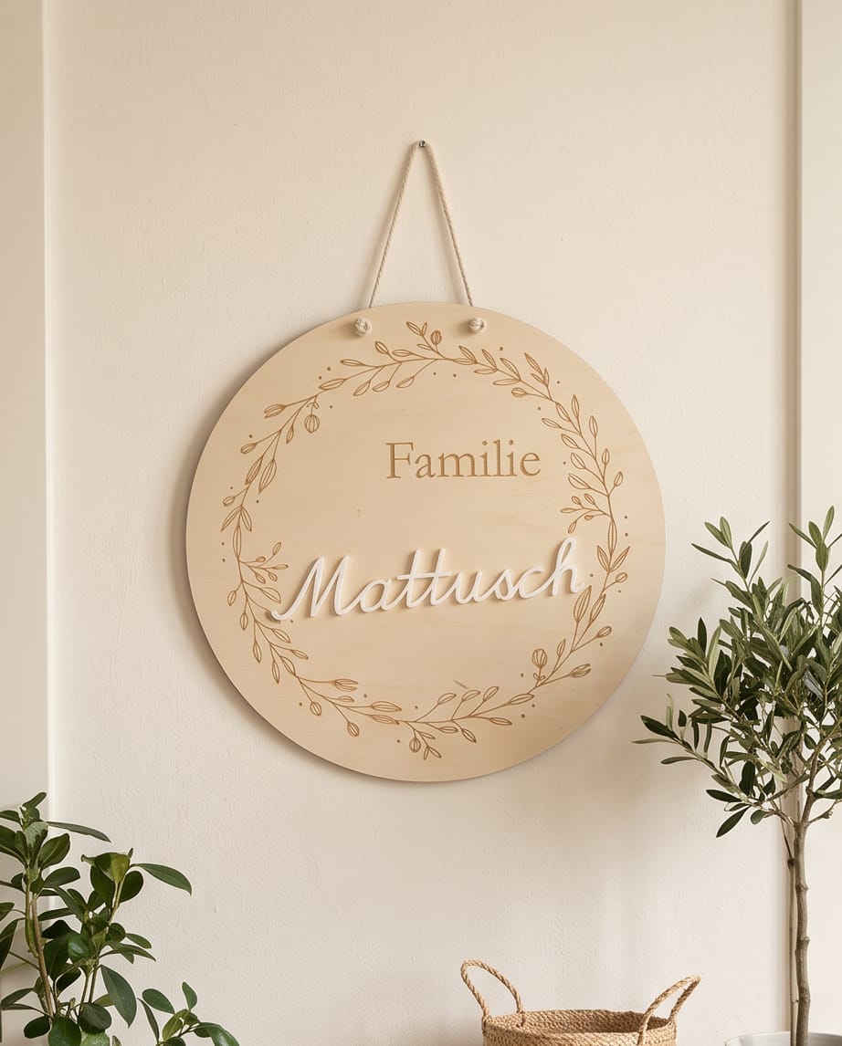 Personalisiertes Türschild "Familie" aus Birkenholz mit Blätterkranz | Namensschild