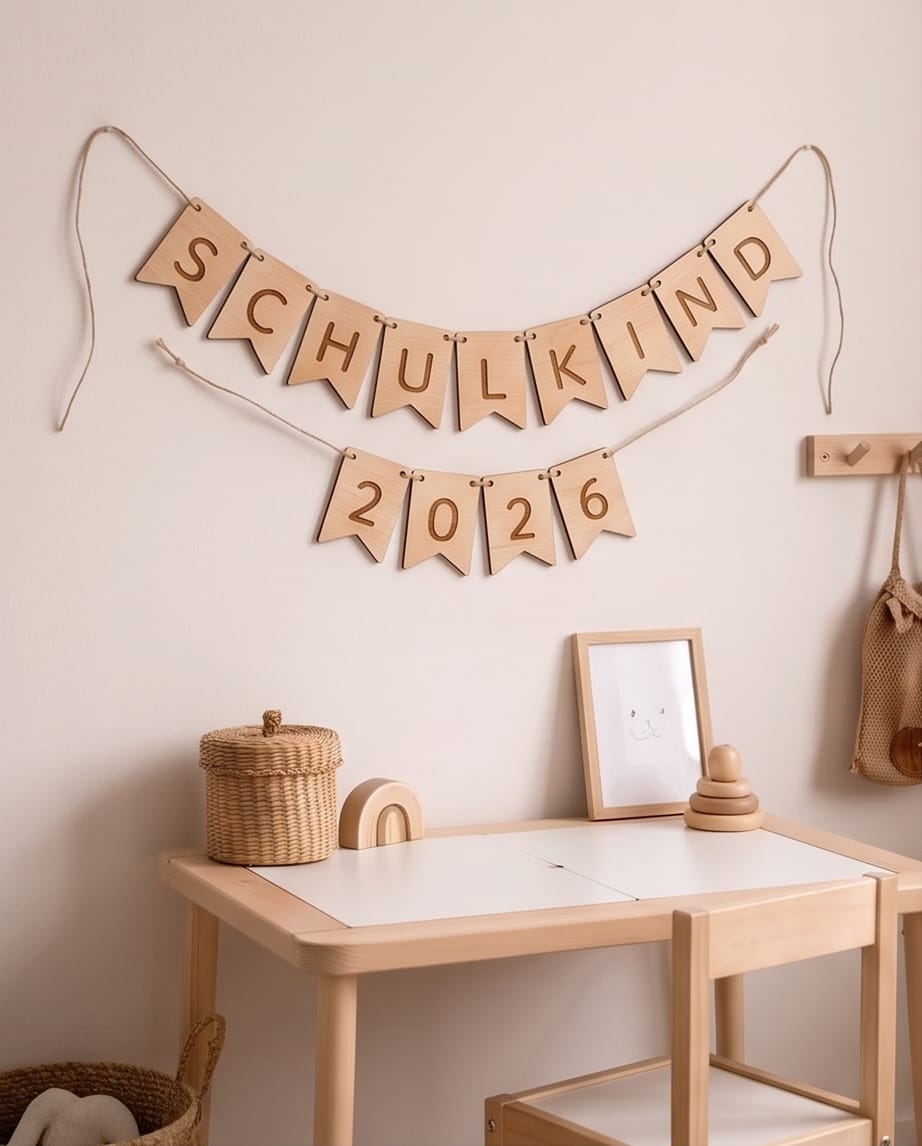 Wimpelkette aus Holz "Schulkind" mit Jahreszahl | Personalisierbare Deko zur Einschulung