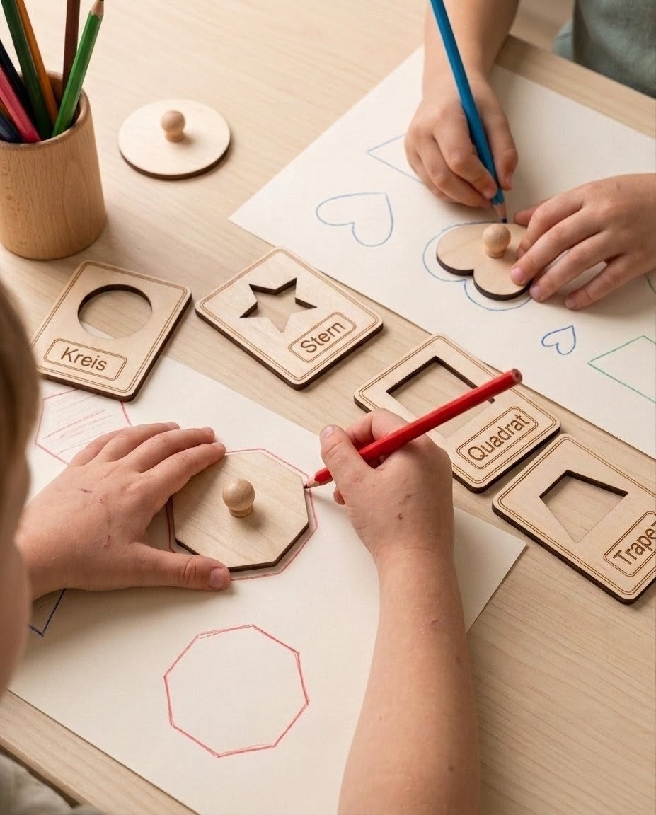 Montessori Formen-Puzzle & Zeichenschablone aus Holz (2-in-1 Set) | 10-teilig inkl. Säckchen