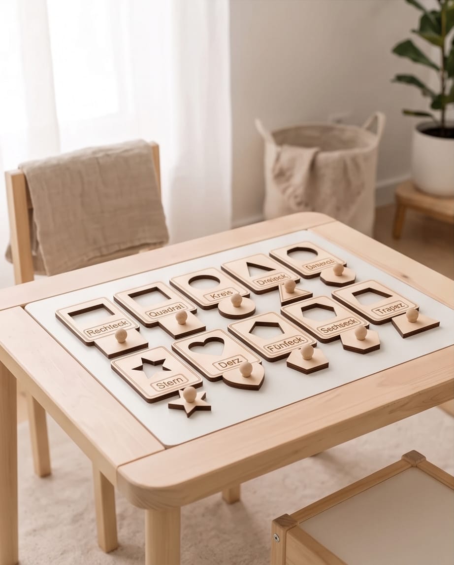 Montessori Formen-Puzzle & Zeichenschablone aus Holz (2-in-1 Set) | 10-teilig inkl. Säckchen