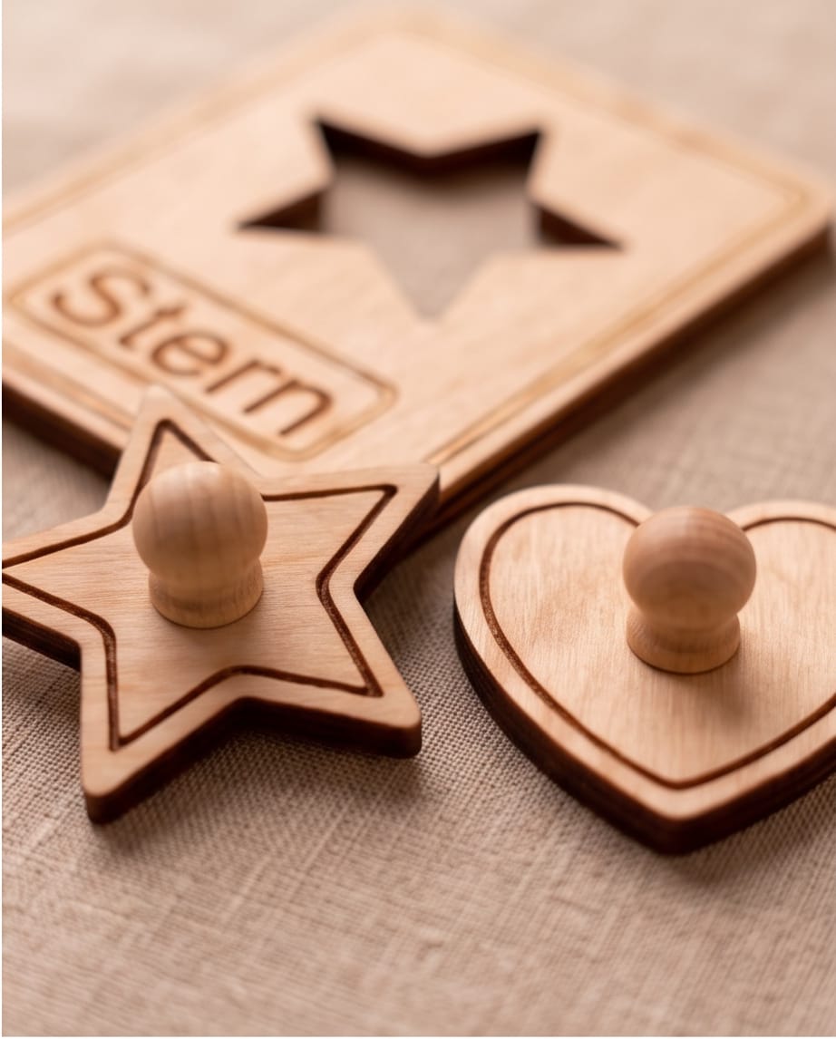 Montessori Formen-Puzzle & Zeichenschablone aus Holz (2-in-1 Set) | 10-teilig inkl. Säckchen