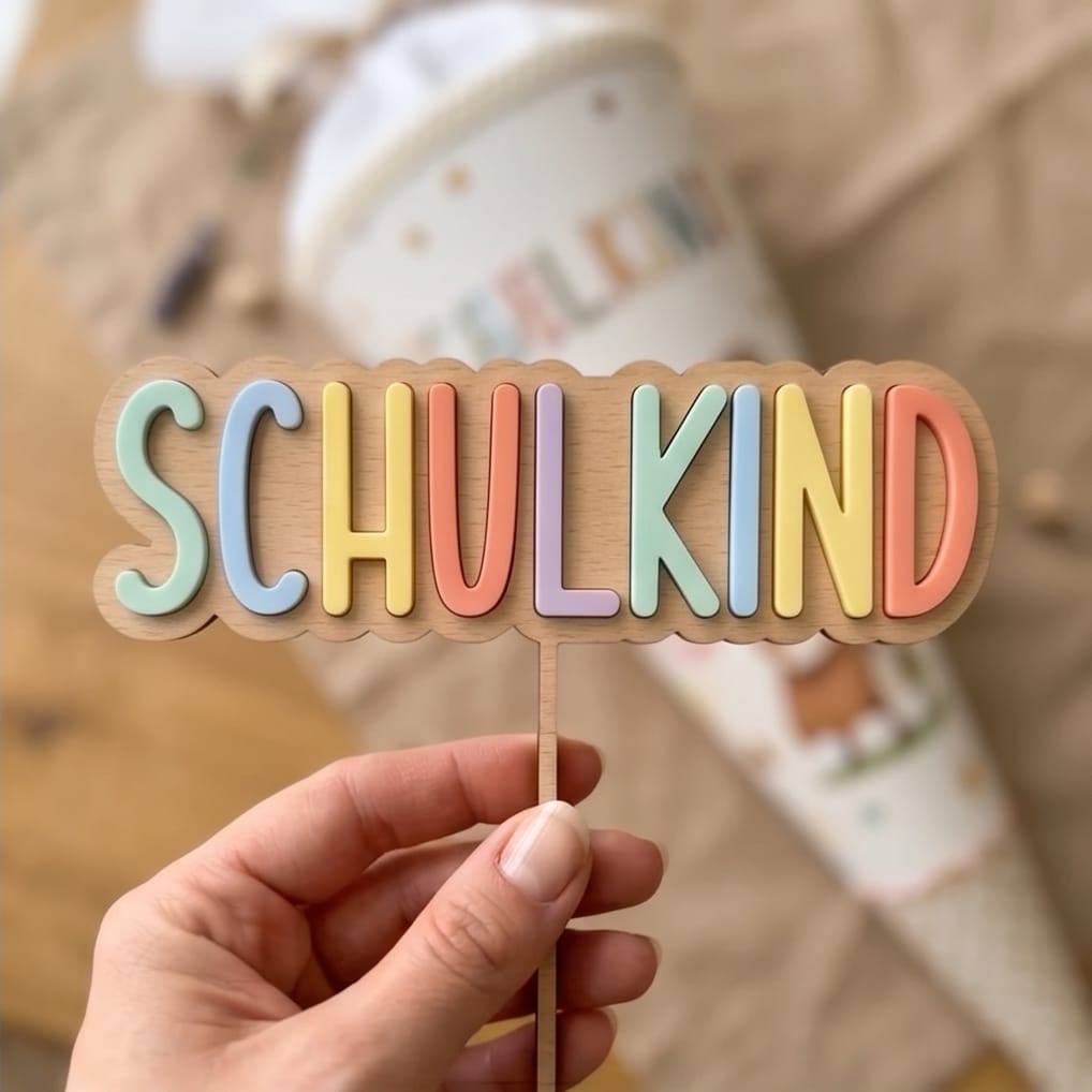 Cake Topper "Schulkind" aus Holz | Kuchendeko zur Einschulung (Wählbar: 3D-Acryl oder Gravur)