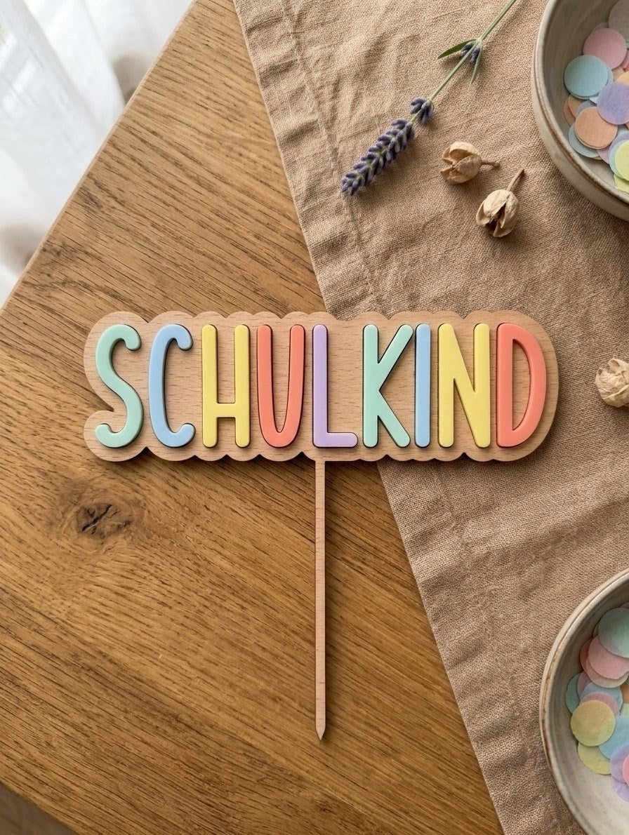 Cake Topper "Schulkind" aus Holz | Kuchendeko zur Einschulung (Wählbar: 3D-Acryl oder Gravur)