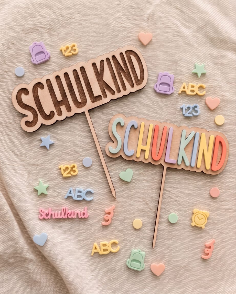 Cake Topper "Schulkind" aus Holz | Kuchendeko zur Einschulung (Wählbar: 3D-Acryl oder Gravur)