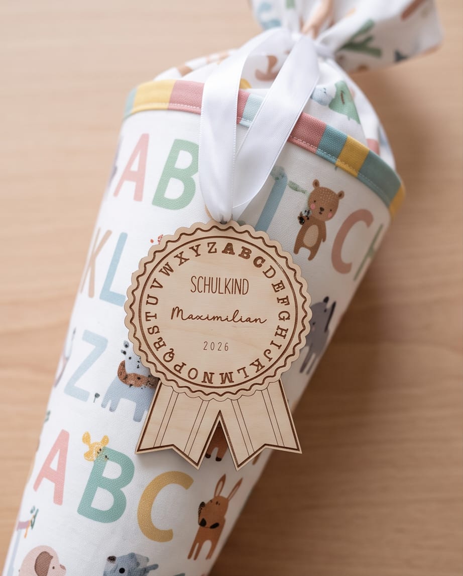 Holz-Medaille "Schulkind 2026" mit ABC | Wählbar mit Name