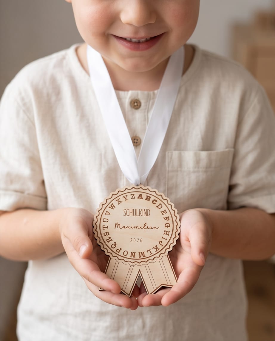 Holz-Medaille "Schulkind 2026" mit ABC | Wählbar mit Name