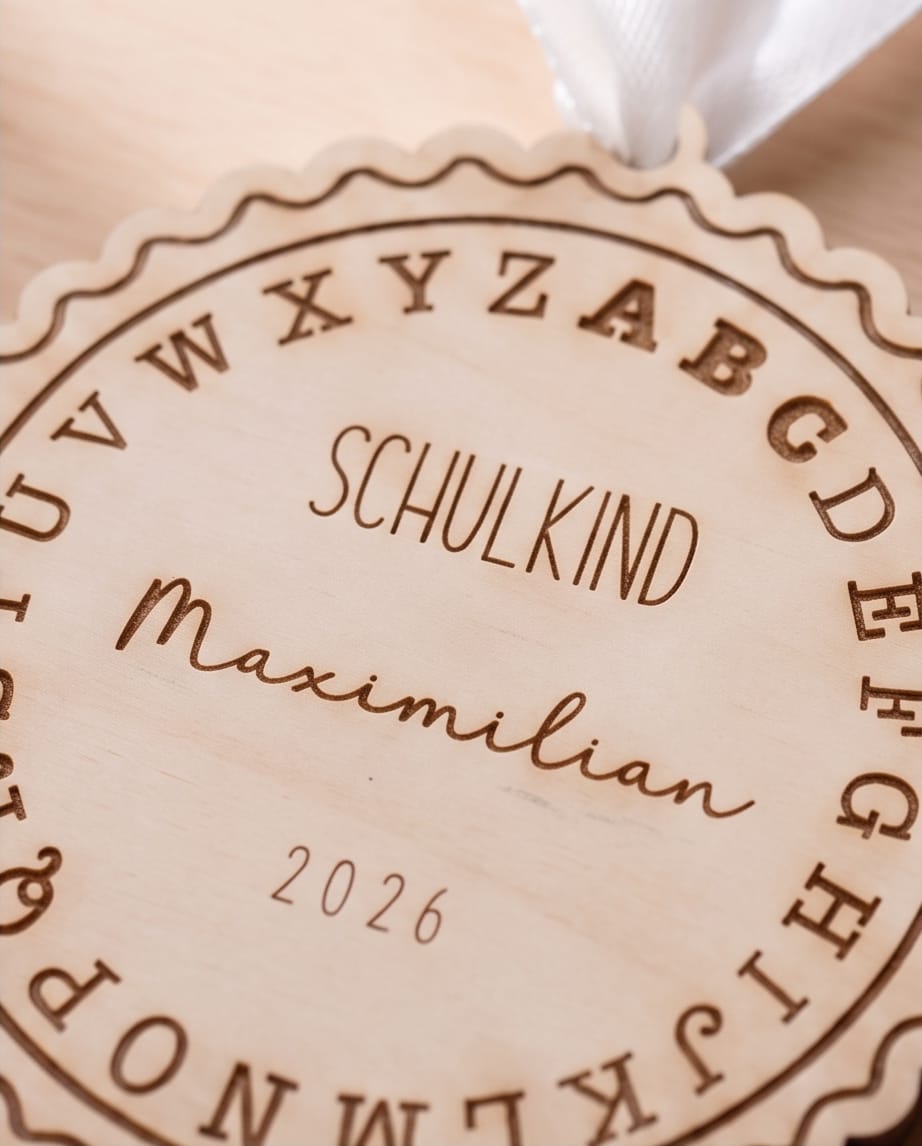 Holz-Medaille "Schulkind 2026" mit ABC | Wählbar mit Name