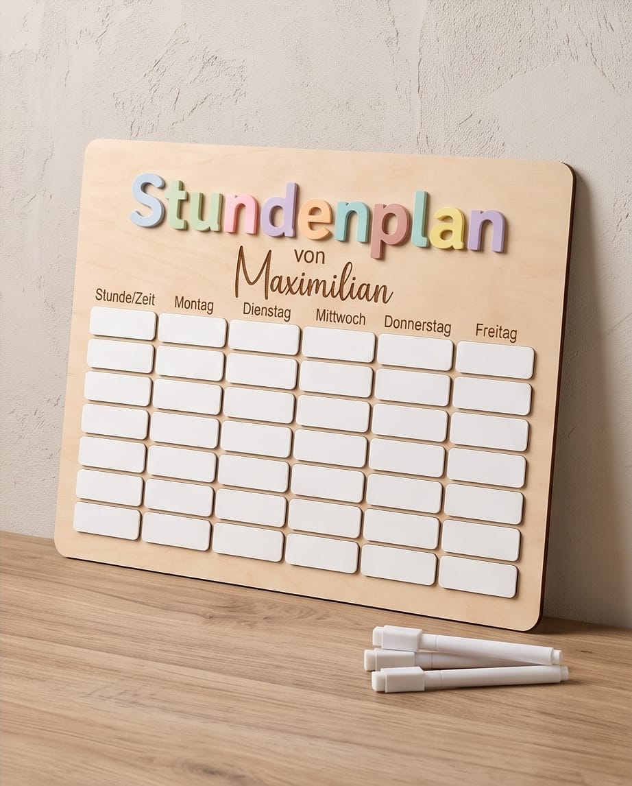 Holz-Stundenplan mit 3D-Acryl | Abwischbar & Personalisierbar