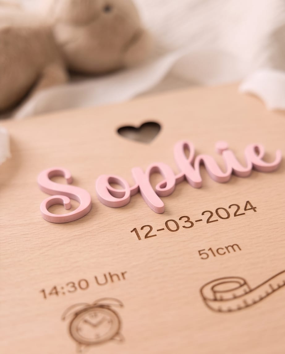 Personalisierter Holz-Wimpel "Geburt" | 3D-Acryl Namensschild