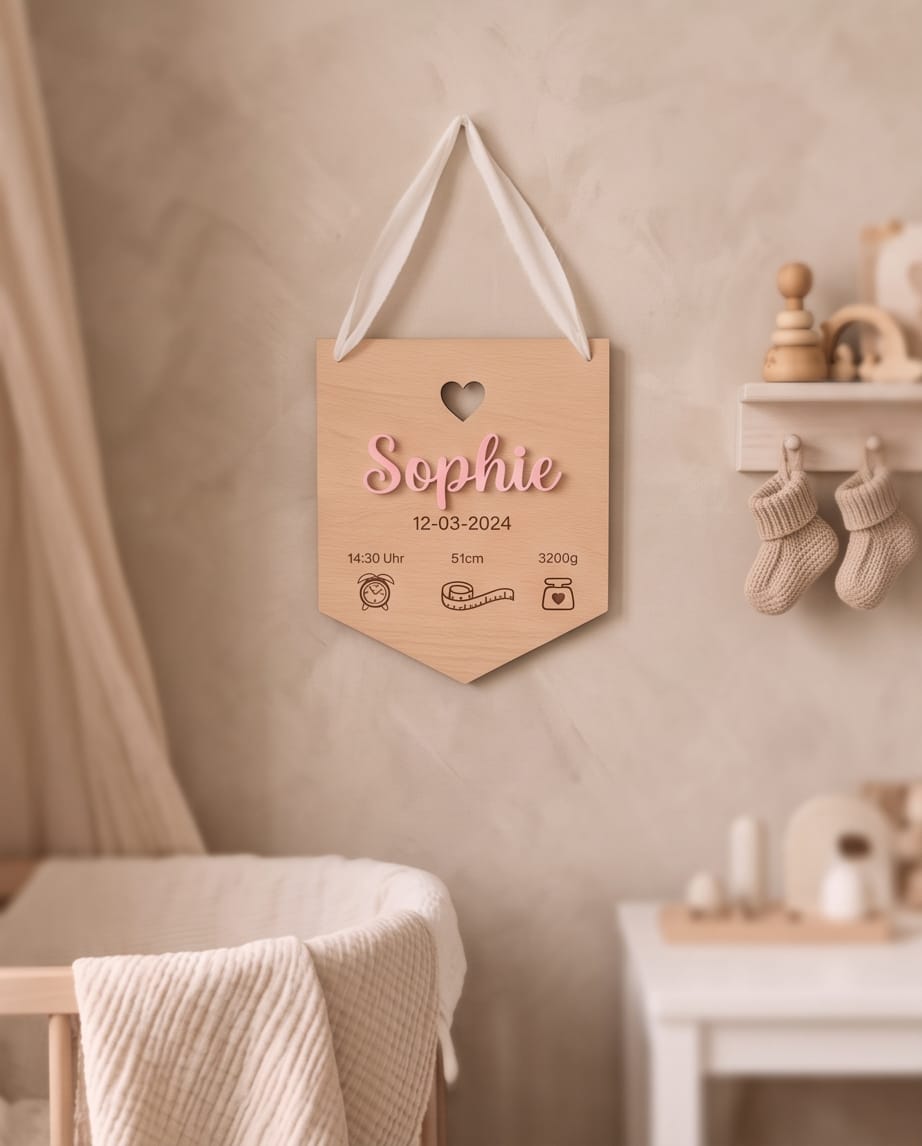 Personalisierter Holz-Wimpel "Geburt" | 3D-Acryl Namensschild