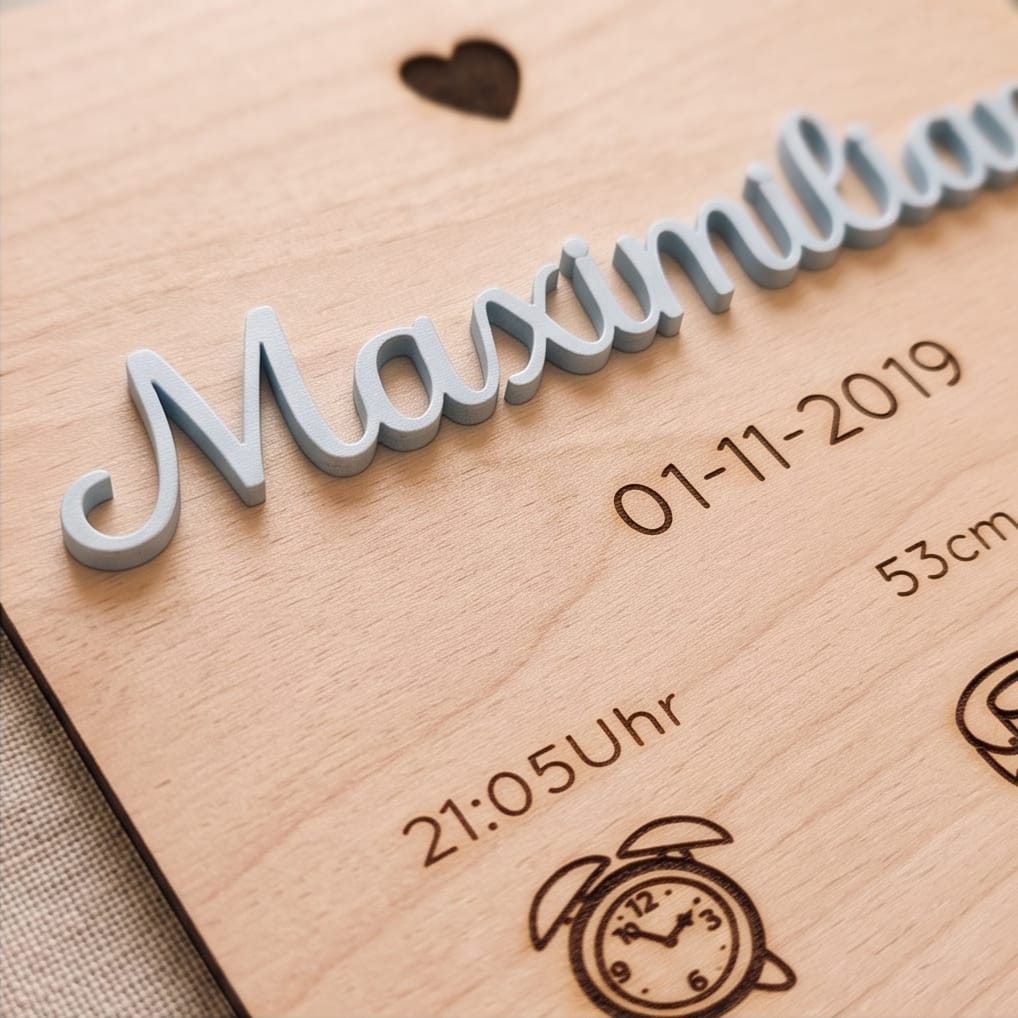 Personalisierter Holz-Wimpel "Geburt" | 3D-Acryl Namensschild