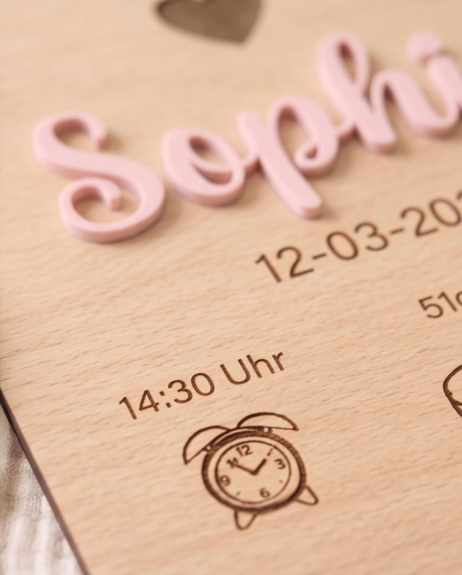 Personalisierter Holz-Wimpel "Geburt" | 3D-Acryl Namensschild