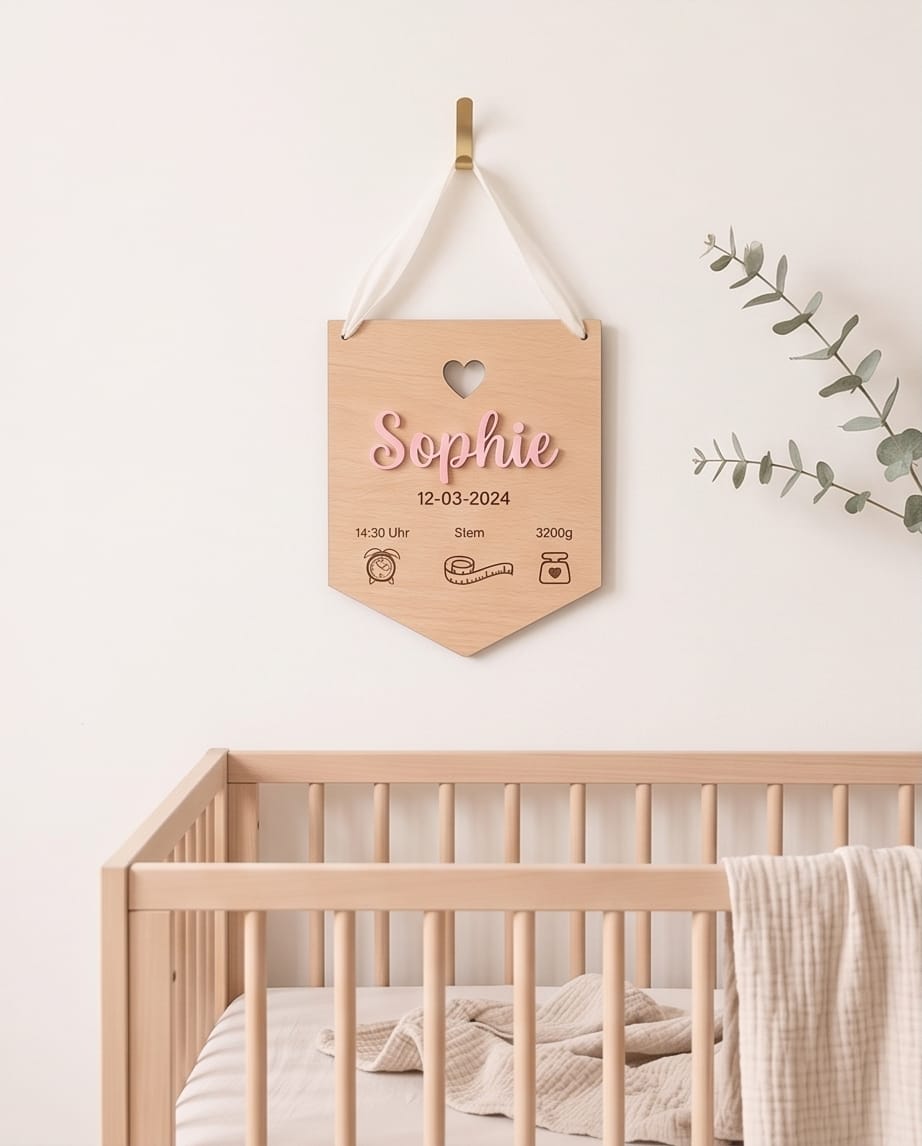 Personalisierter Holz-Wimpel "Geburt" | 3D-Acryl Namensschild