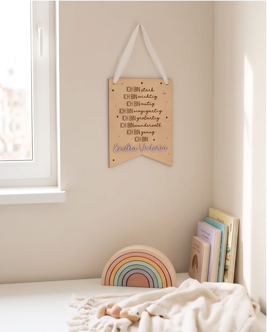 Personalisiertes Affirmations-Schild für Kinder | "Ich bin" Holz-Wanddeko mit 3D-Wunschname