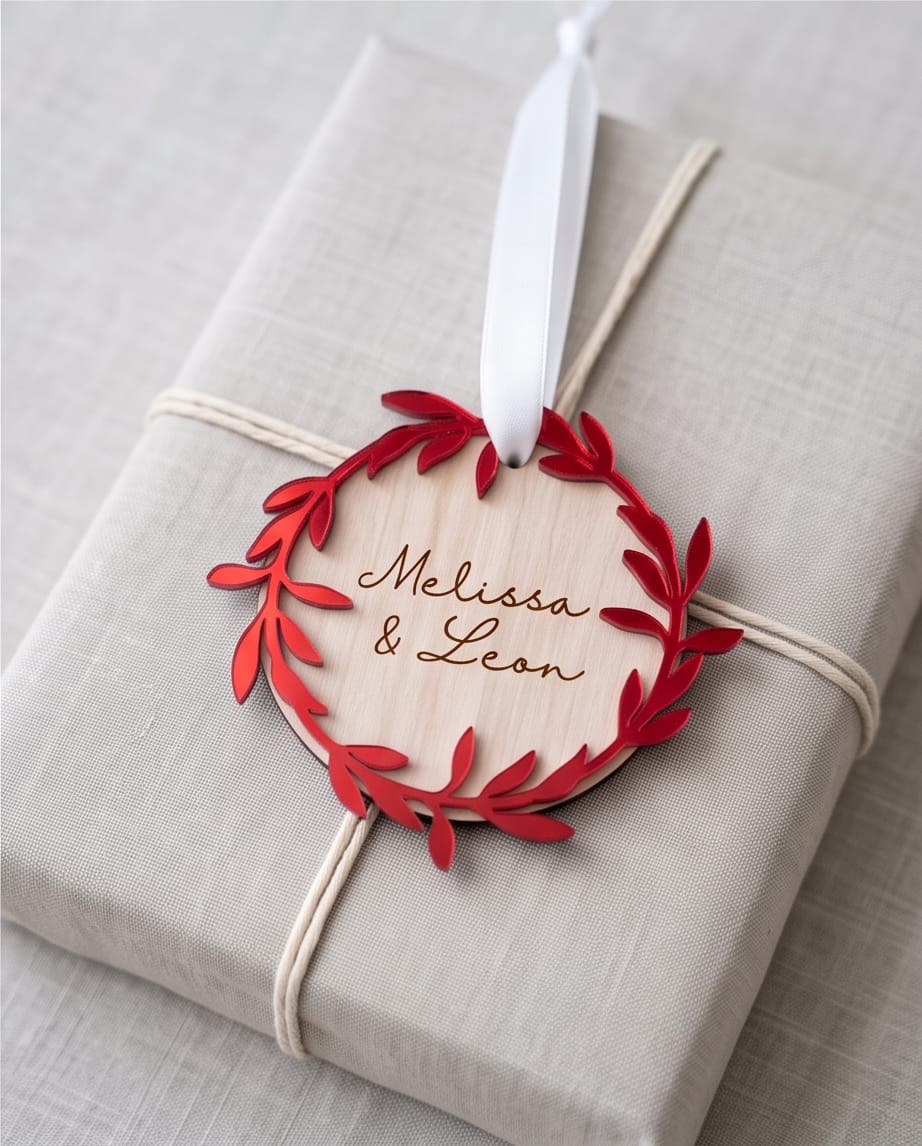 Personalisierte Weihnachtskugel aus Holz | 3D-Acryl Kranz | Christbaumschmuck