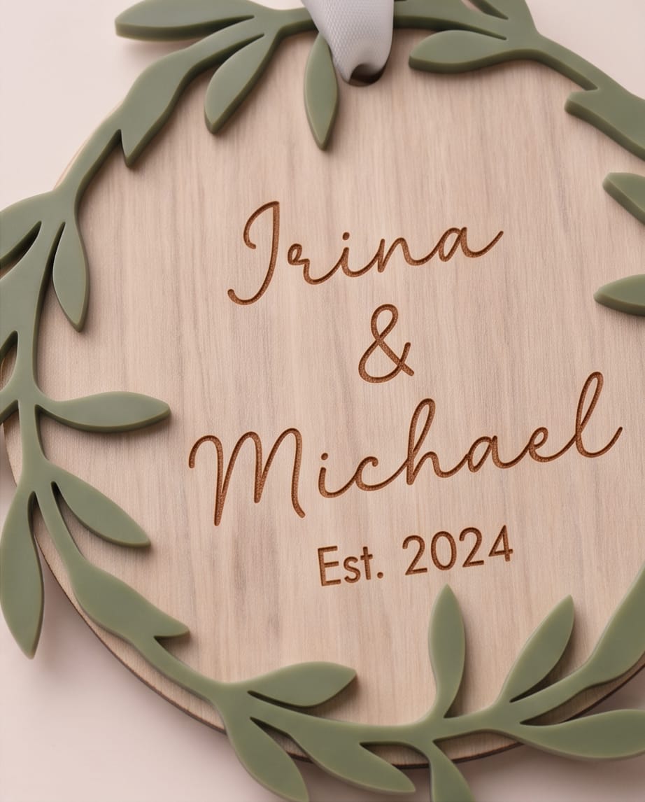 Personalisierte Weihnachtskugel aus Holz | 3D-Acryl Kranz | Christbaumschmuck