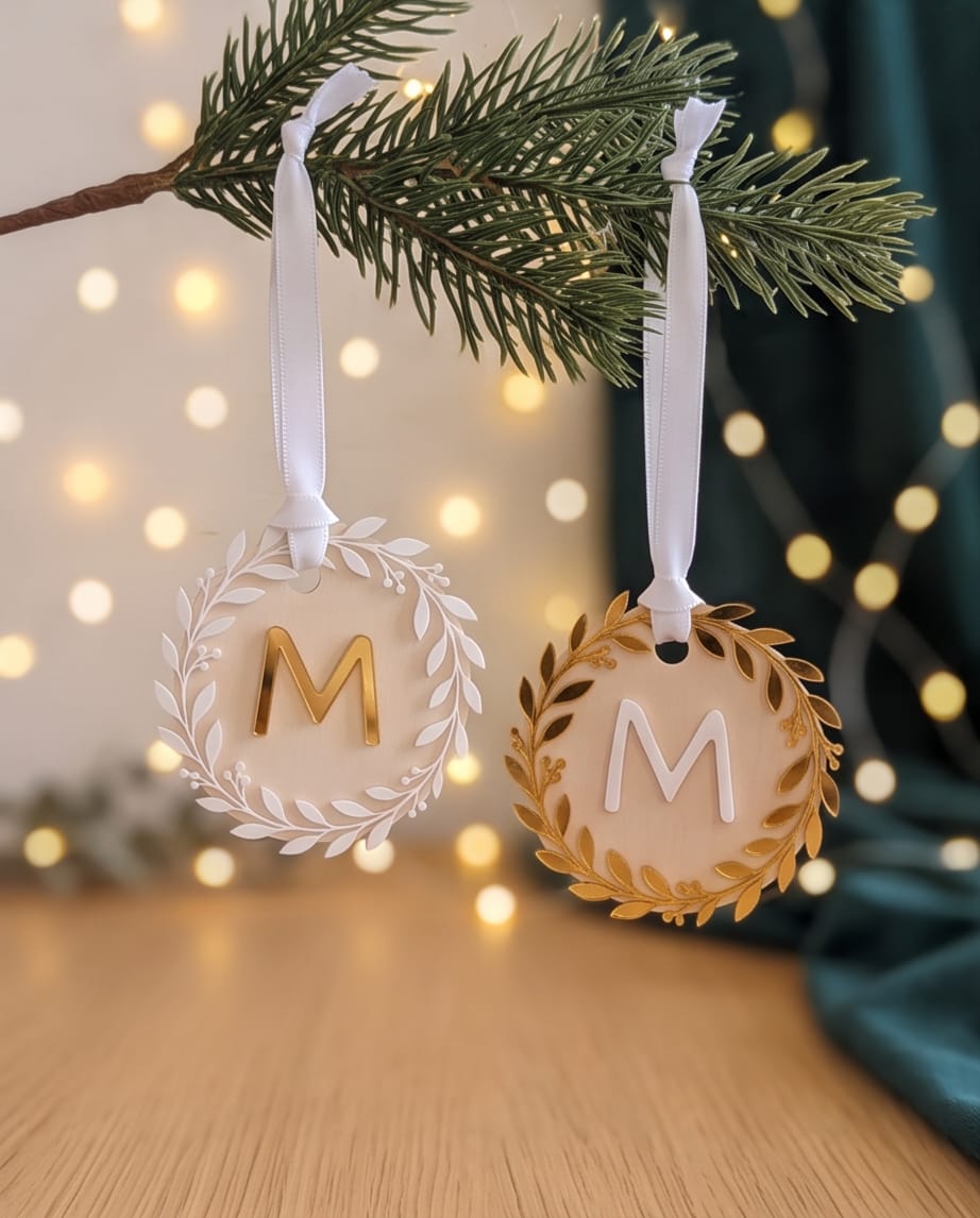 3D-Acryl Weihnachtskugel aus Holz | Initiale & Kranz | Geschenkanhänger