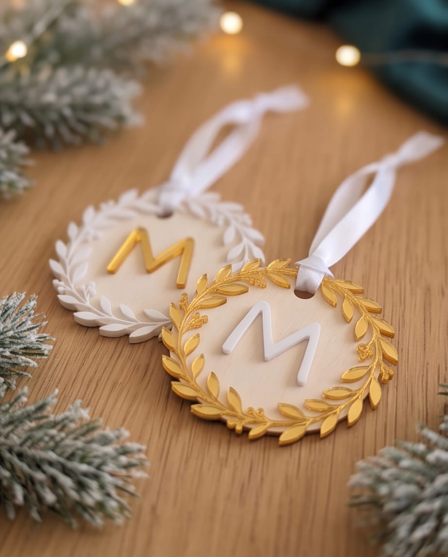 3D-Acryl Weihnachtskugel aus Holz | Initiale & Kranz | Geschenkanhänger