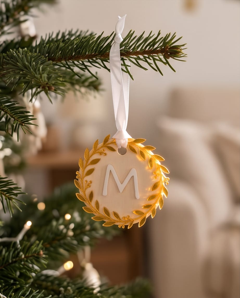 3D-Acryl Weihnachtskugel aus Holz | Initiale & Kranz | Geschenkanhänger