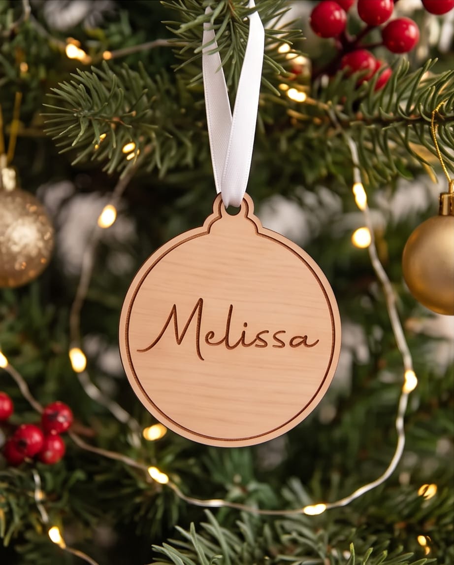 Personalisierte Weihnachtskugel aus Holz | Graviertes Namensschild