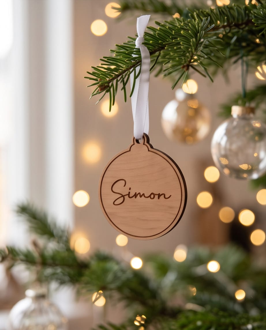 Personalisierte Weihnachtskugel aus Holz | Graviertes Namensschild