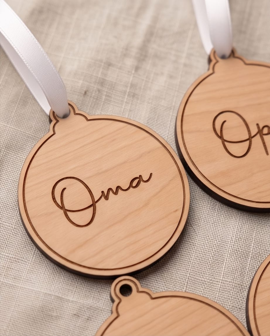 Personalisierte Weihnachtskugel aus Holz | Graviertes Namensschild