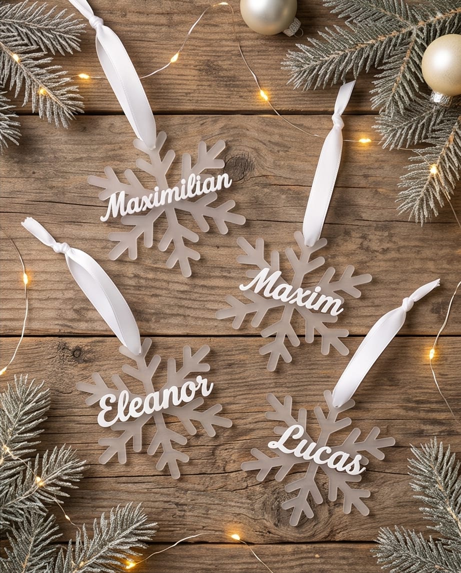 Personalisierte Schneeflocke aus Frost-Acryl | 3D-Namensschild | Platzkarte