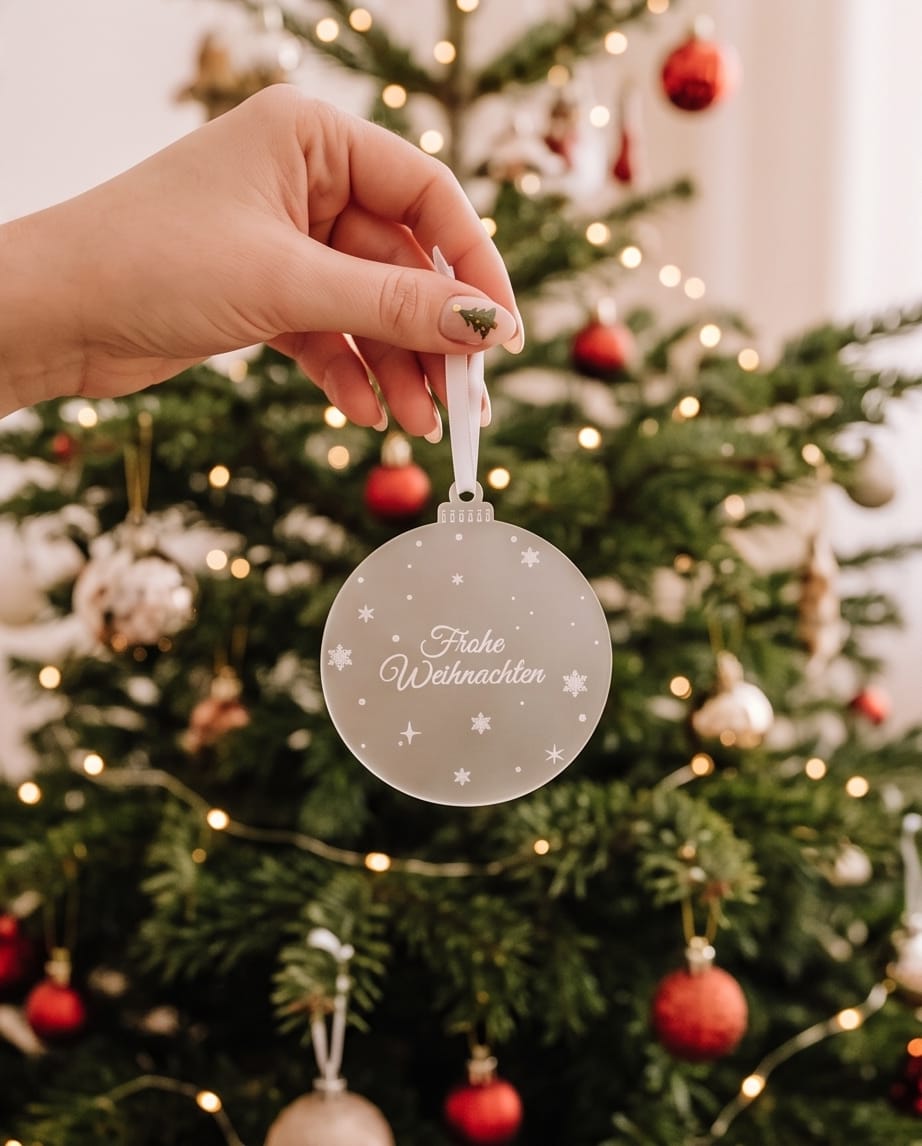Weihnachtskugel "Frohe Weihnachten" aus Frost-Acryl | Christbaumschmuck