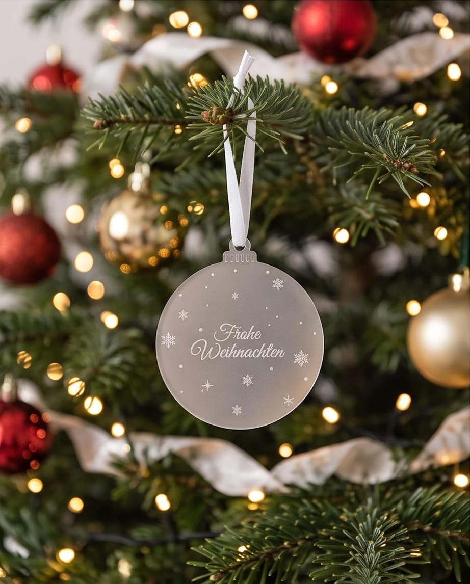 Weihnachtskugel "Frohe Weihnachten" aus Frost-Acryl | Christbaumschmuck