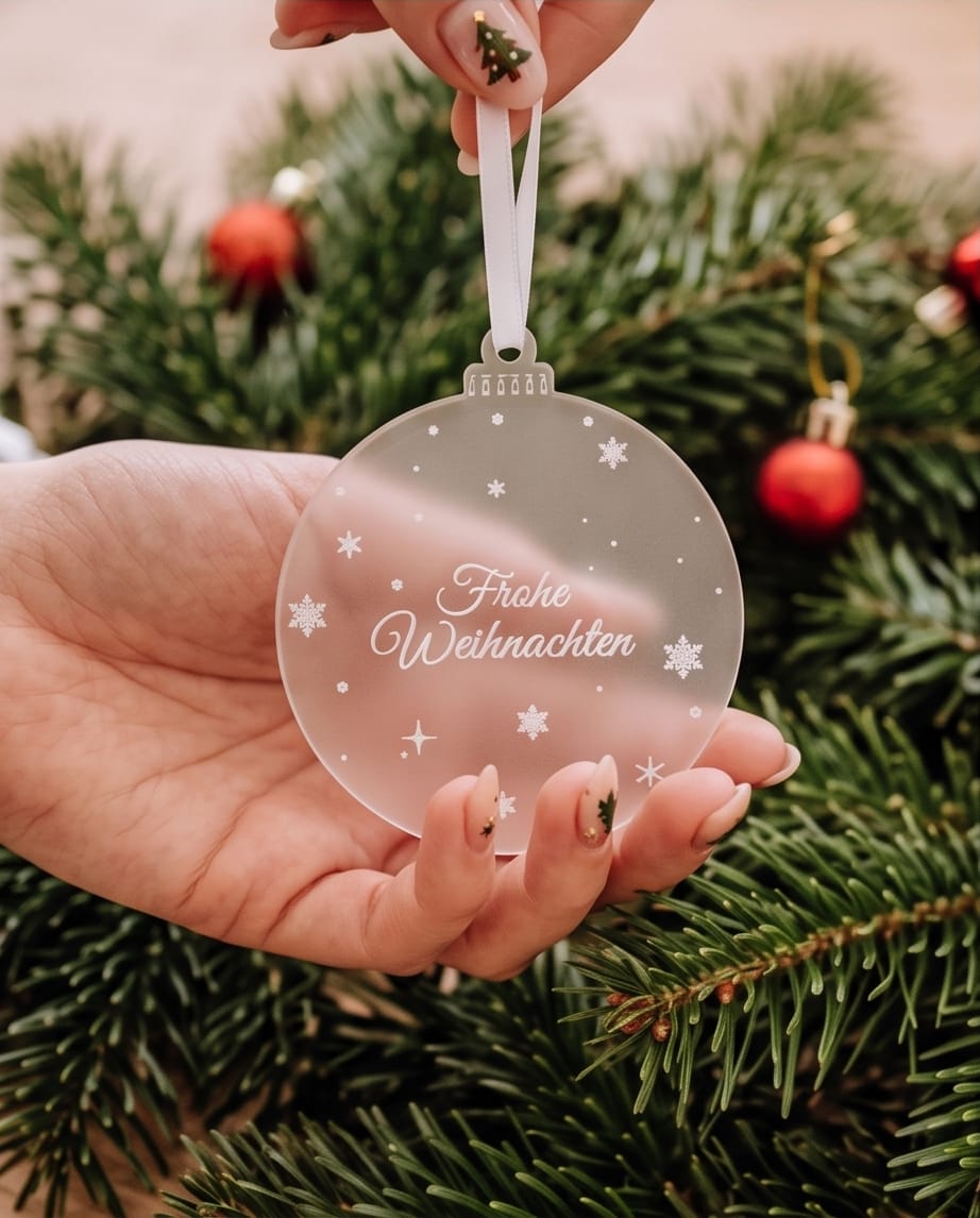 Weihnachtskugel "Frohe Weihnachten" aus Frost-Acryl | Christbaumschmuck