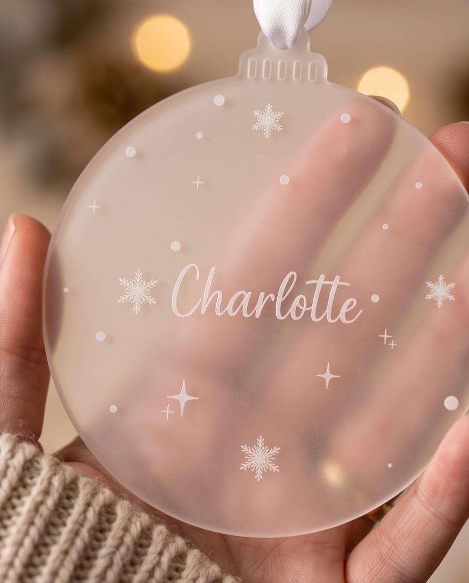 Personalisierte Weihnachtskugel aus Frost-Acryl | Graviertes Namensschild
