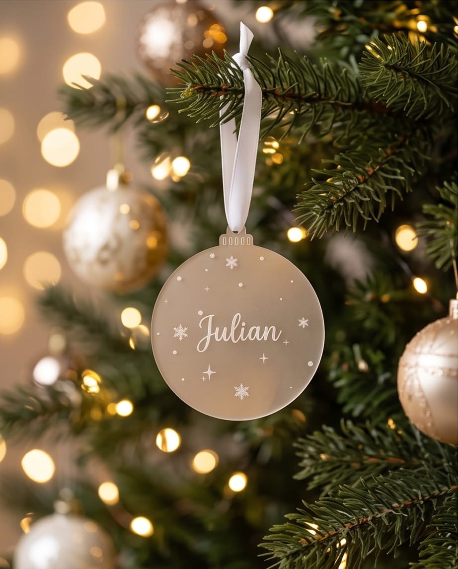 Personalisierte Weihnachtskugel aus Frost-Acryl | Graviertes Namensschild