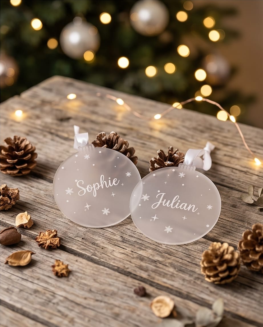 Personalisierte Weihnachtskugel aus Frost-Acryl | Graviertes Namensschild