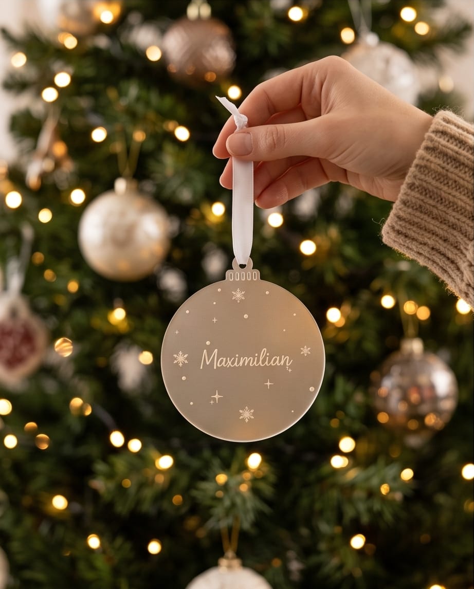 Personalisierte Weihnachtskugel aus Frost-Acryl | Graviertes Namensschild