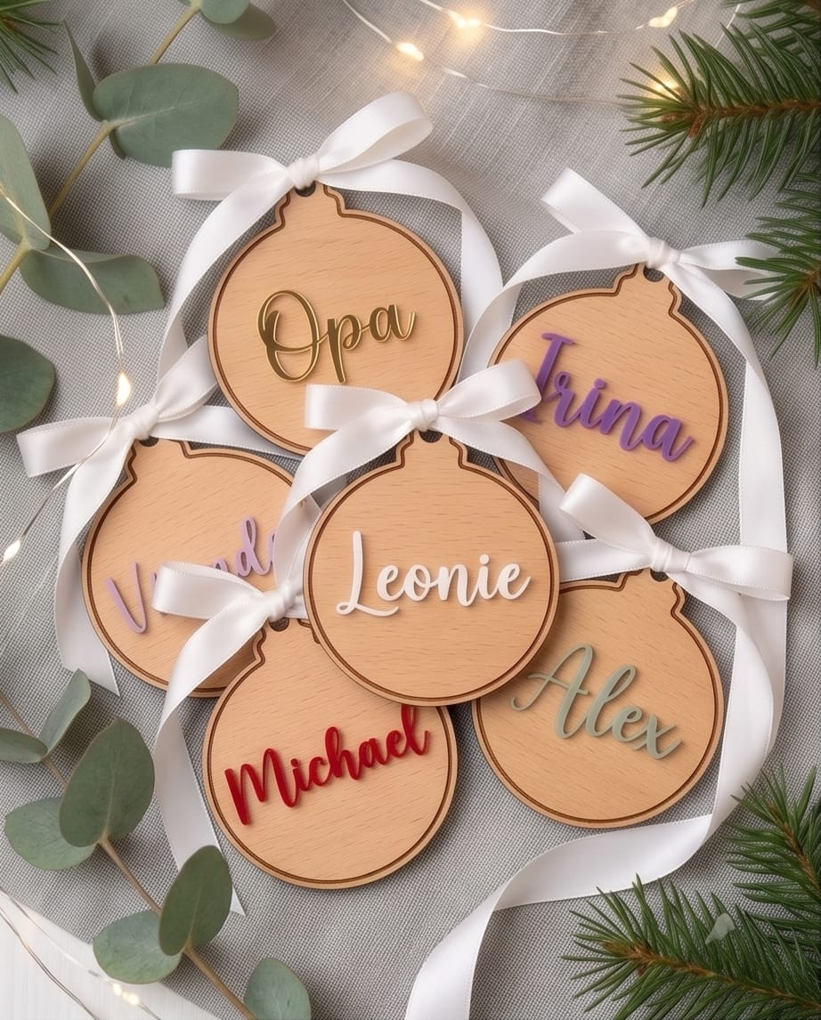 Personalisierte Weihnachtskugel aus Holz | 3D-Acryl Namensschild in Wunschfarbe