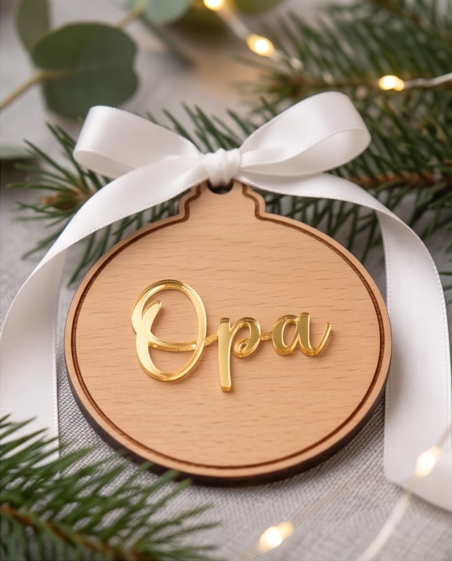 Personalisierte Weihnachtskugel aus Holz | 3D-Acryl Namensschild in Wunschfarbe