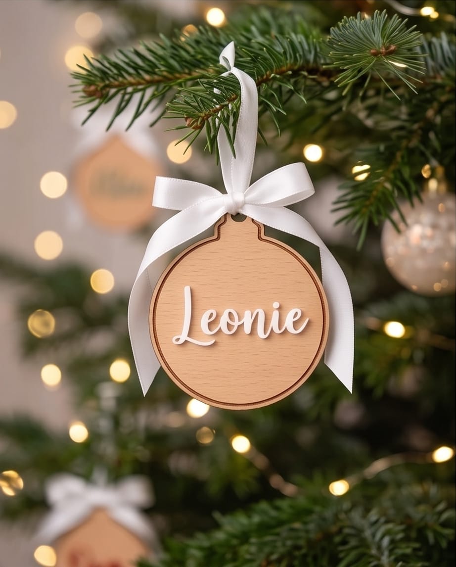 Personalisierte Weihnachtskugel aus Holz | 3D-Acryl Namensschild in Wunschfarbe