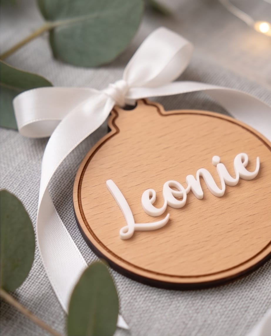 Personalisierte Weihnachtskugel aus Holz | 3D-Acryl Namensschild in Wunschfarbe